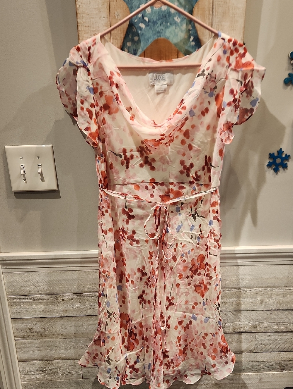 EUC Luxe by Seraphine Sheer Floral Tie-Waist Midi Silk Dress Sz 6 US
